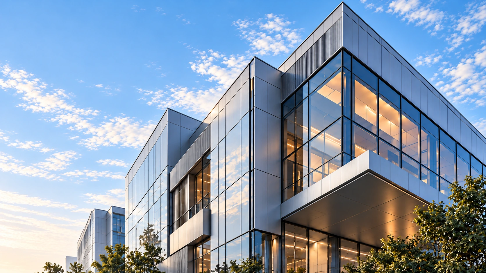 Modern architecture with glass and metal facades, illustrative architecture